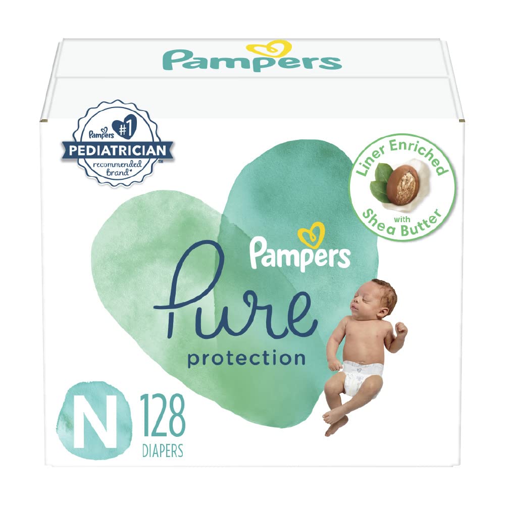 Pampers Pure Protection Diapers Newborn - Size 0, 128 Count, Hypoallergenic Premium Disposable Baby Diapers